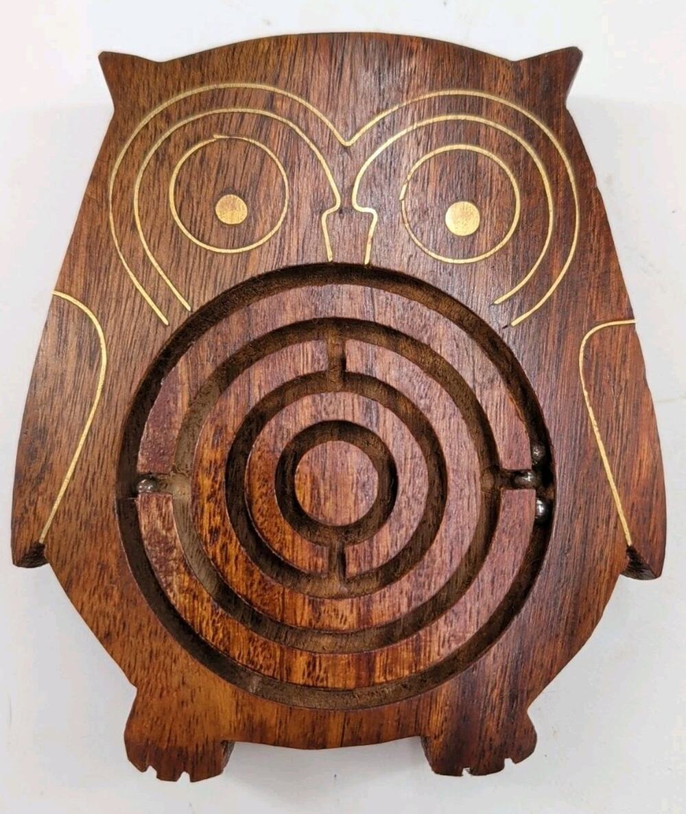 Vintage Pier One Carved Wood Owl Maze Ball Game Labyrinth Puzzle Pier 1